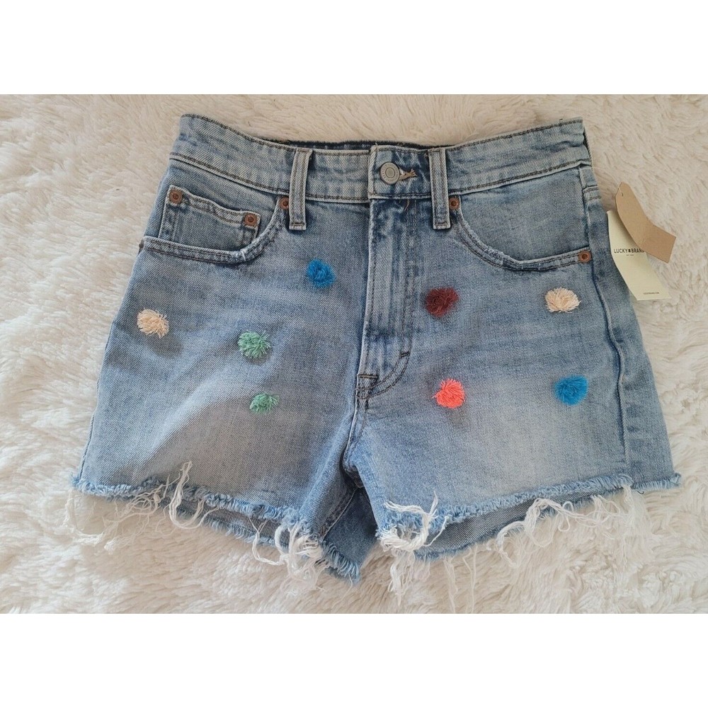 Lucky Brand Womens Lucky Pins High Rise Pompom Jean Shorts Frayed Hem Sz 24 NWT